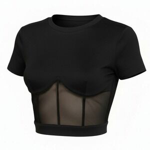 New Medium Black Mesh Corset Crop Top Short Sleeve Ribbed Blouse Bustier